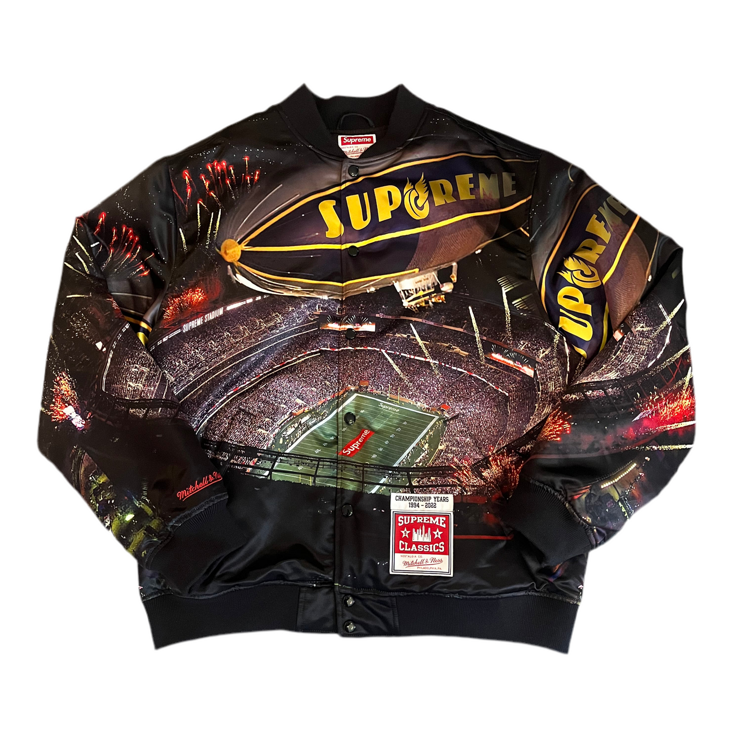 Supreme Mitchell & Ness Stadium Satin Varsity Jacket 'Black' (XL) [Gebraucht]