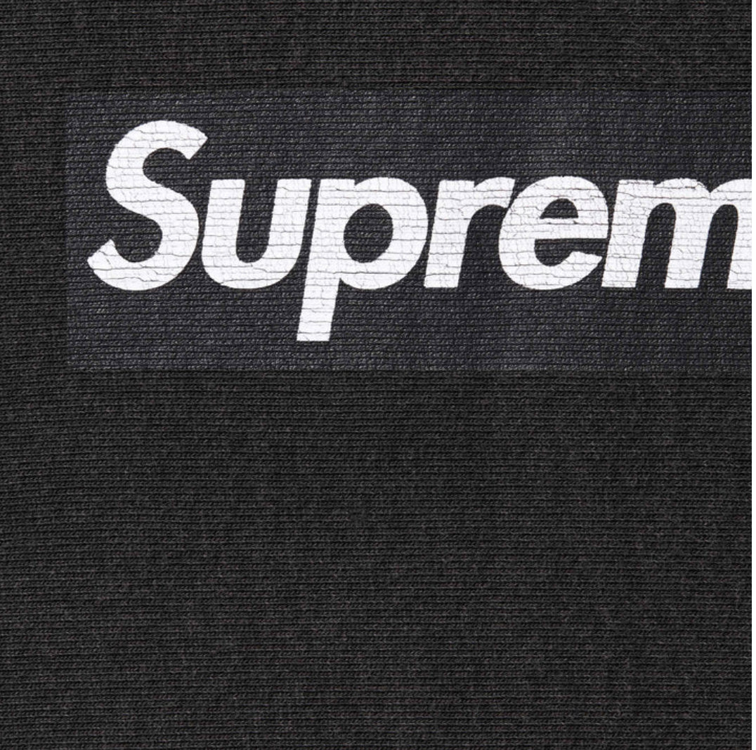 close up eines supreme crewnecks mit ausgewaschenem box logo aus der Frühling Sommer Kollektion 2025