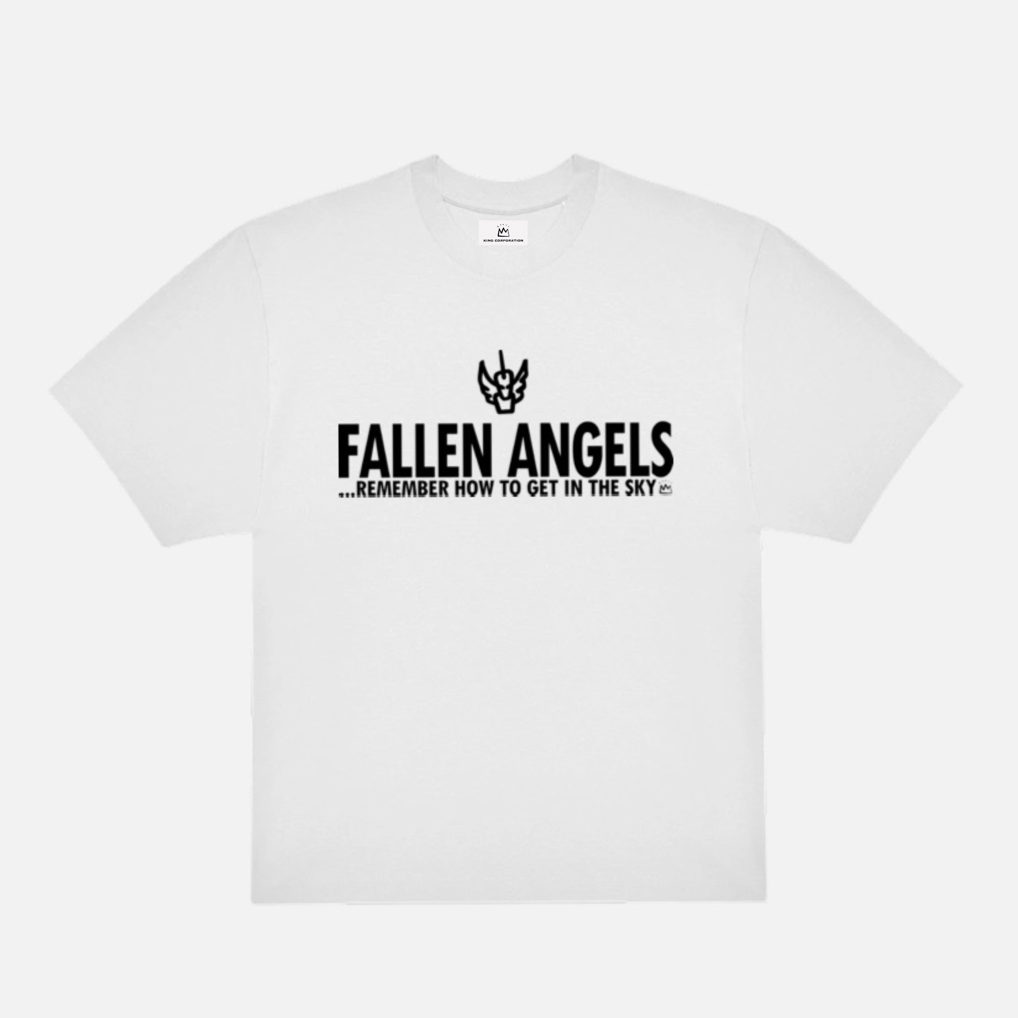 Weißes King Corporation T-Shirt mit Fallen Angels remember how to get in the sky Print im Boxy Fit