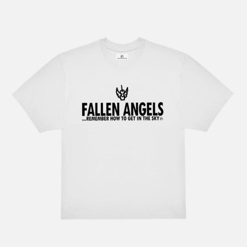 Weißes King Corporation T-Shirt mit Fallen Angels remember how to get in the sky Print im Boxy Fit